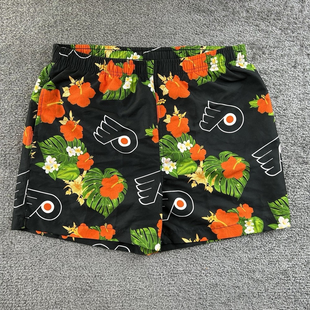 NHL Philadelphia Flyers Mens Tropical Floral Swim Trunks Black Orange Medium